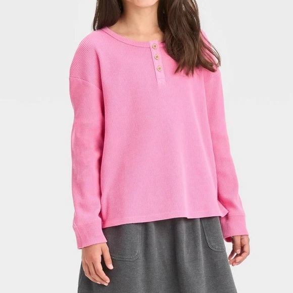 Cat & Jack Girls’ Long Sleeve Henley Waffle Shirt - Pink L - Picture 1 of 3